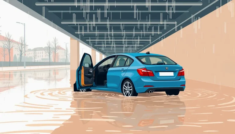 Osobné auto stojace pred zatopeným cestným podjazdom plným kalnej vody