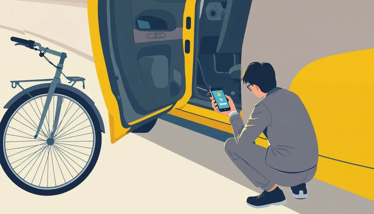 Likvidátor poistných udalostí kontrolujúci hĺbku preliačiny na dverách firemného vozidla