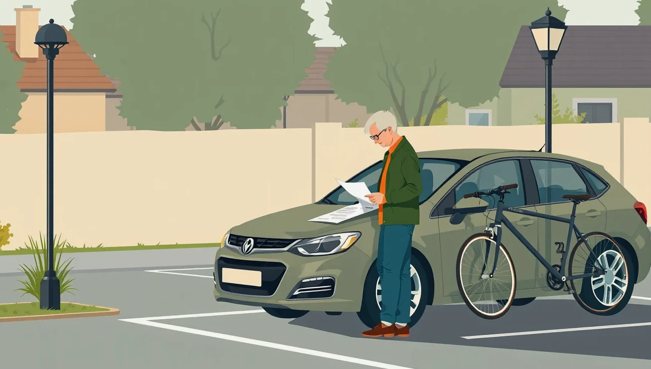 Kuriér na bicykli s veľkým batohom prechádzajúci cez frekventovanú križovatku v centre