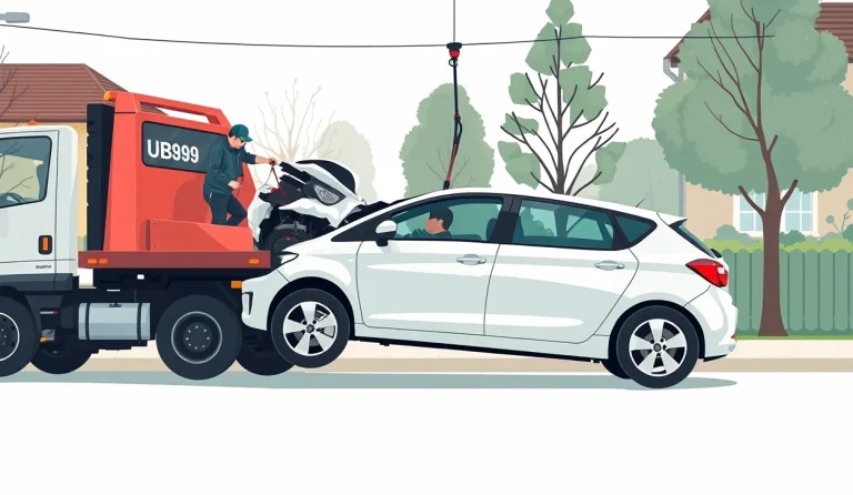 Pracovník odťahovej služby upevňuje popruh o koleso osobného auta na ložnej ploche autoprepravníka
