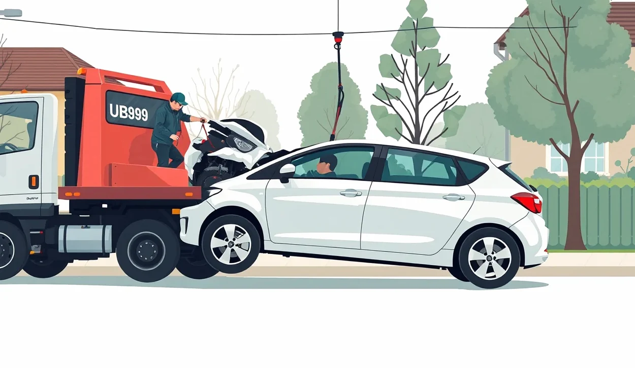 Pracovník odťahovej služby upevňuje popruh o koleso osobného auta na ložnej ploche autoprepravníka