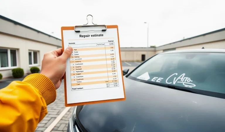 Mechanik v autoservise kontroluje poškodený predný nárazník a svetlomet osobného auta
