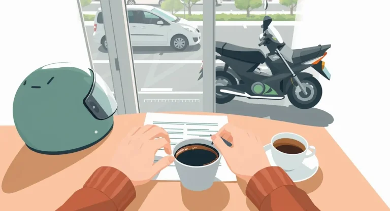 Detail tachometra a riadidiel zaparkovaného motocykla v garáži