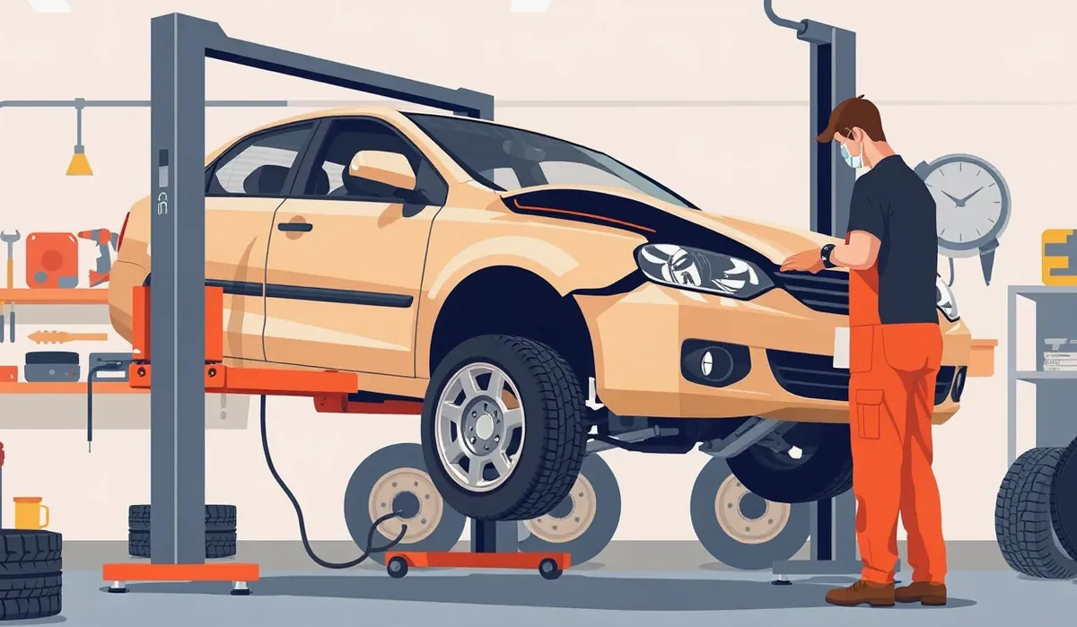 Automechanik kontrolujúci podvozok vozidla na zdviháku počas technickej kontroly