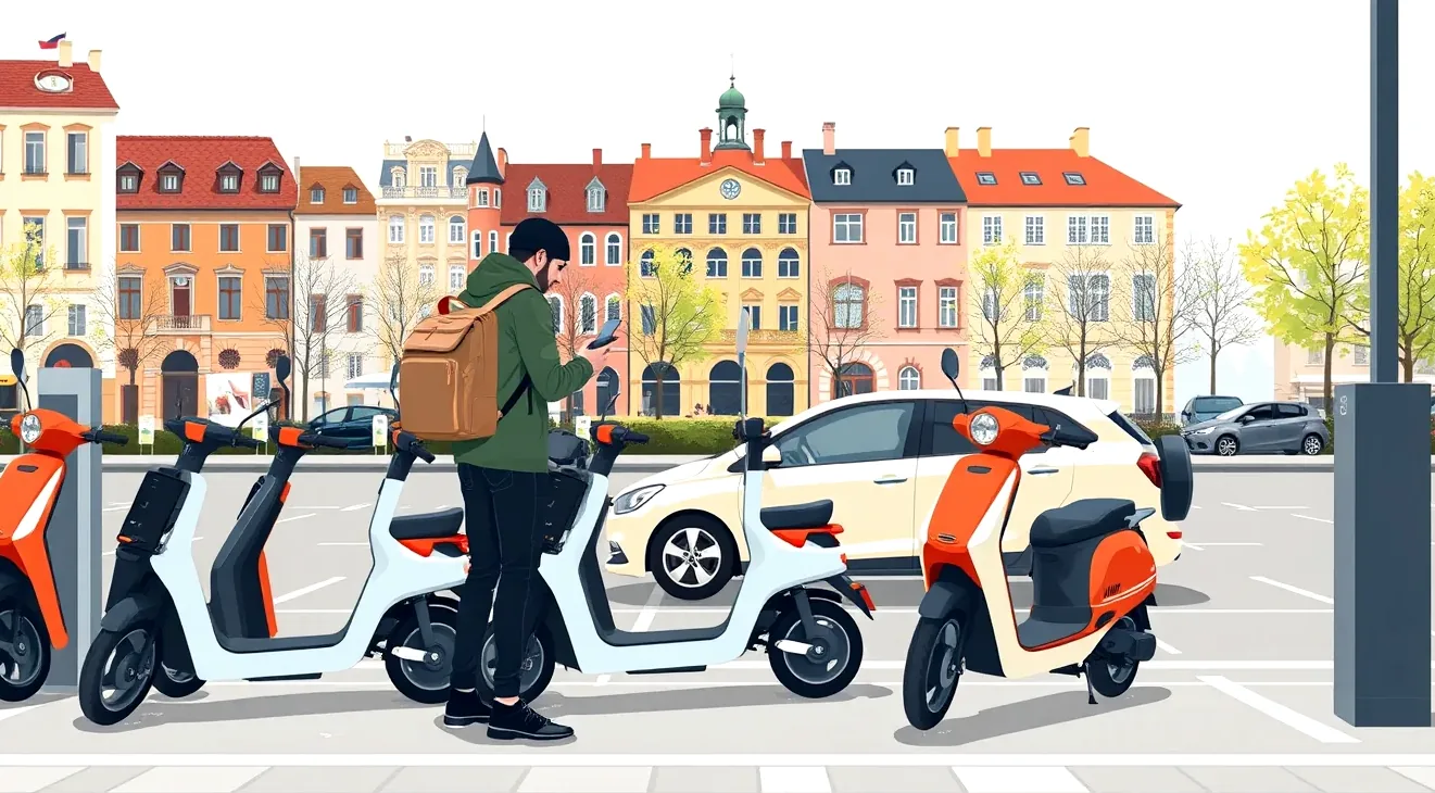 Rôzne typy mestských elektrických vozidiel zaparkované pri cyklotrase