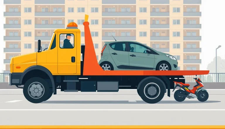 Žlté odťahové vozidlo nakladá nepojazdné osobné auto na sídliskovom parkovisku