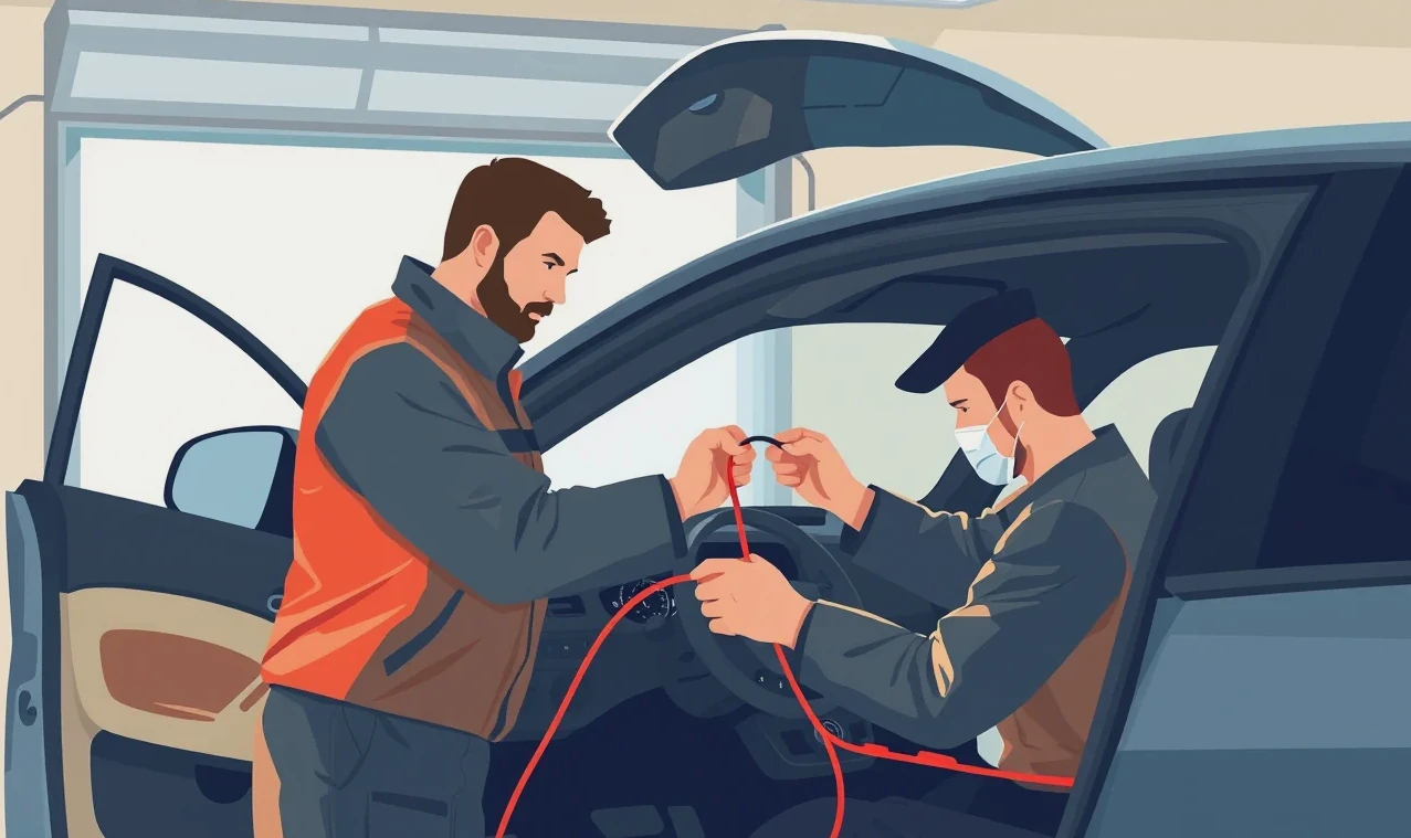 Automechanik inštaluje skrytý satelitný lokátor pod palubnú dosku vozidla
