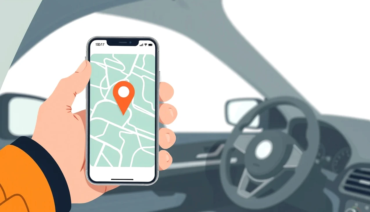 Smartfón s mapou a zobrazením polohy monitorovaného automobilu