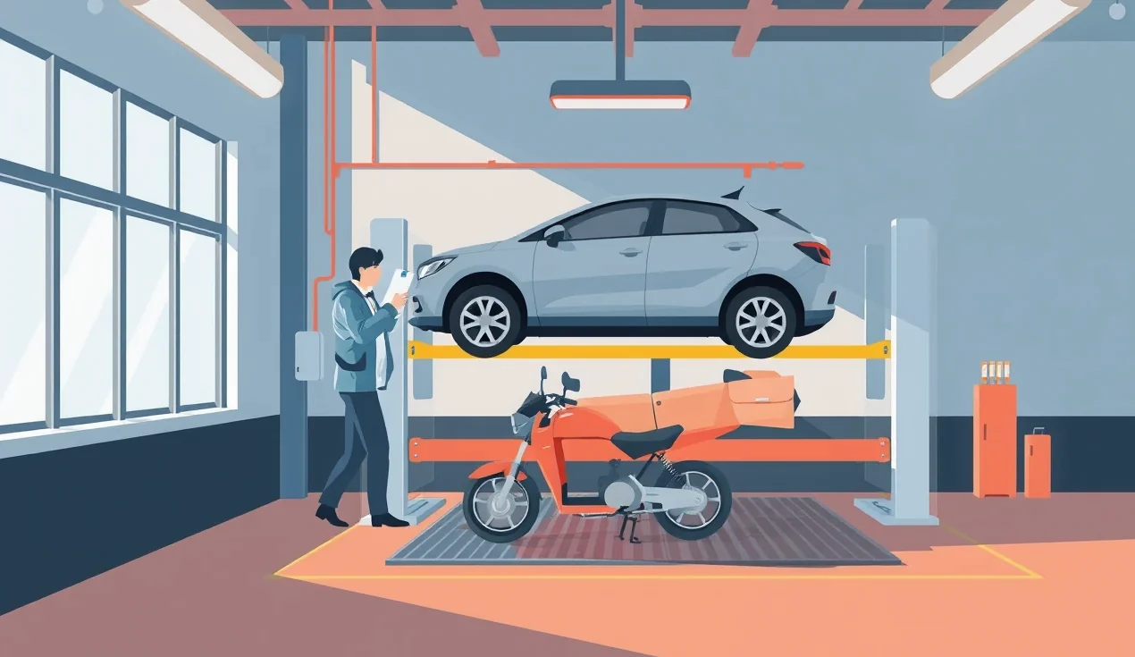 Mechanik kontroluje svetlomety a riadenie na automobile dovezenom z Veľkej Británie