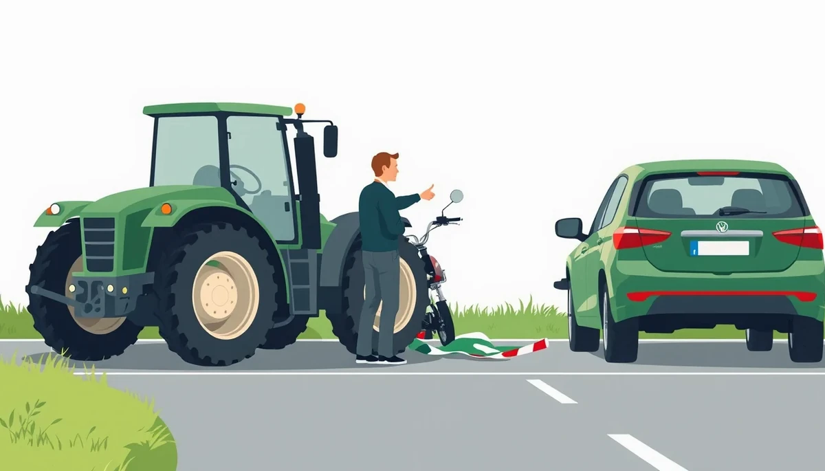 Traktorista kontroluje pripojené pracovné náradie za traktorom