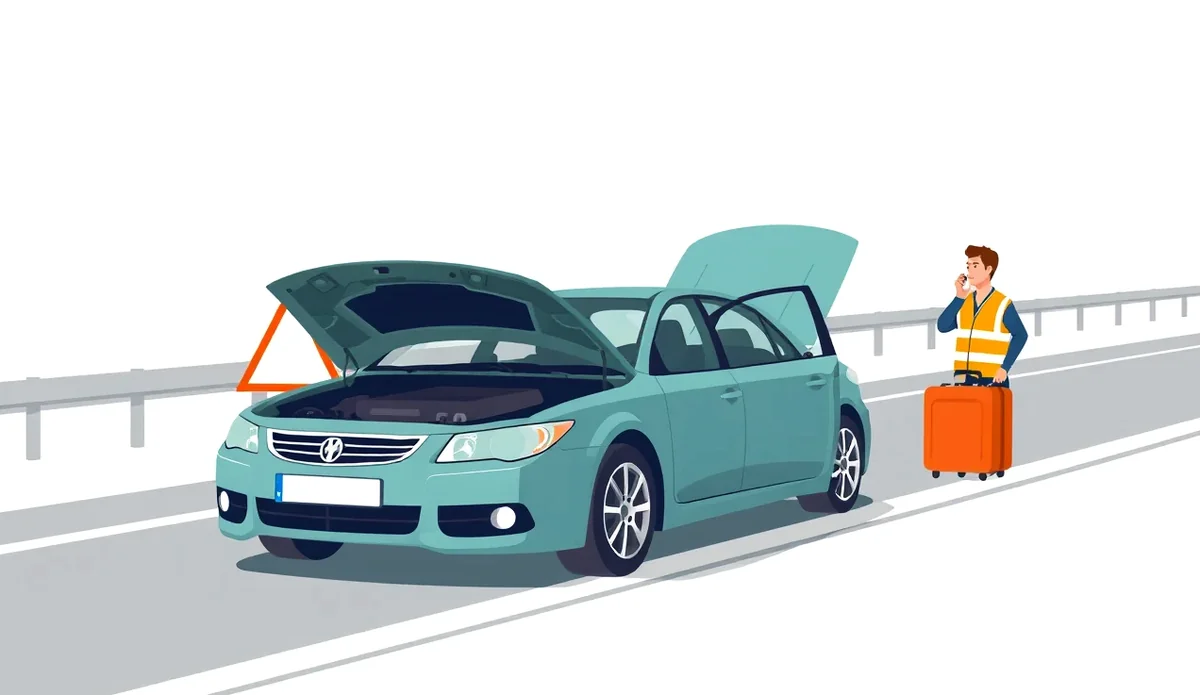 Auto s otvorenou kapotou odstavené v núdzovom pruhu na talianskej diaľnici