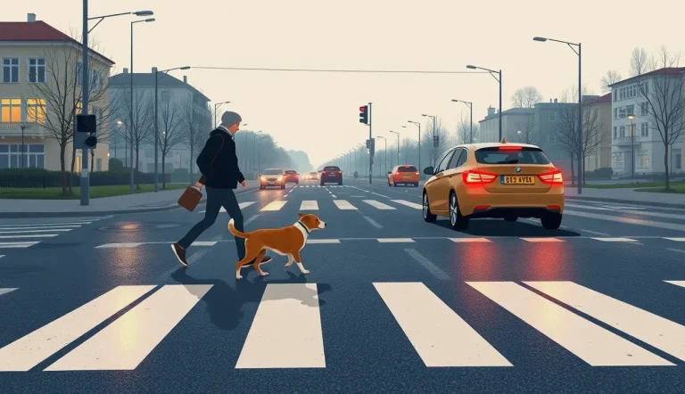 Muž na invalidnom vozíku so svojím asistenčným psom kráča po chodníku
