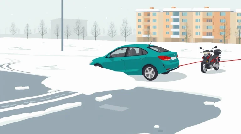 Dve osobné motorové vozidlá spojené vlečným lanom s červenou zástavkou na krajnici cesty