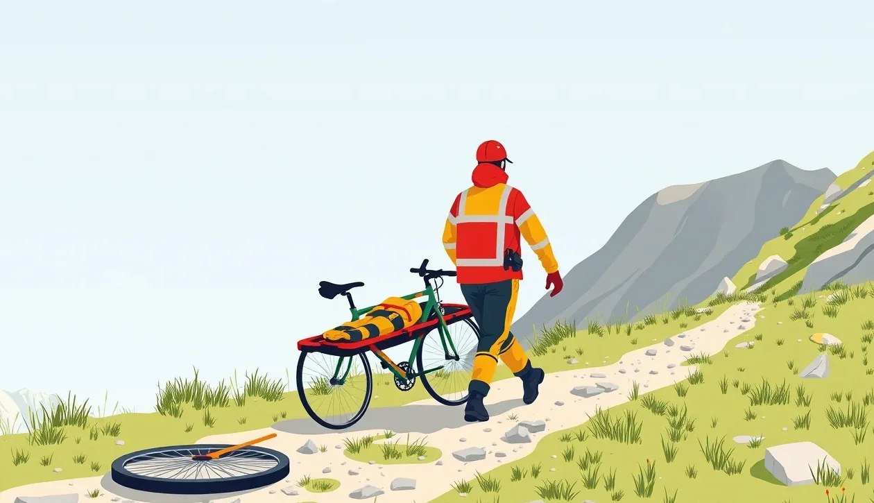 Záchranári Horskej záchrannej služby pri transporte zraneného cyklistu v teréne