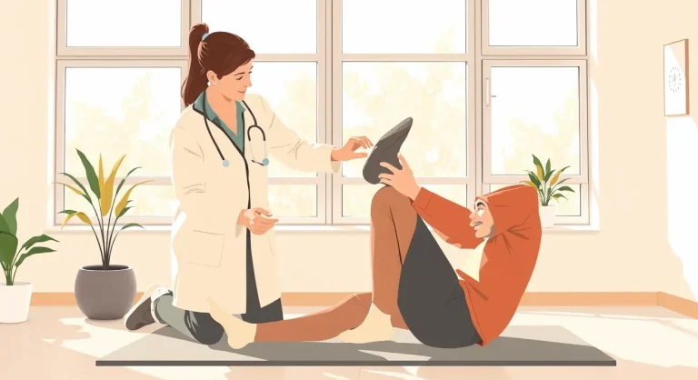 Fyzioterapeut pomáha pacientovi pri cvičení zraneného kolena na rehabilitačnej klinike