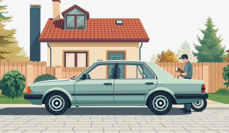 Tmavomodrý sedan Saab 9-5 zaparkovaný na ulici pred obytným domom
