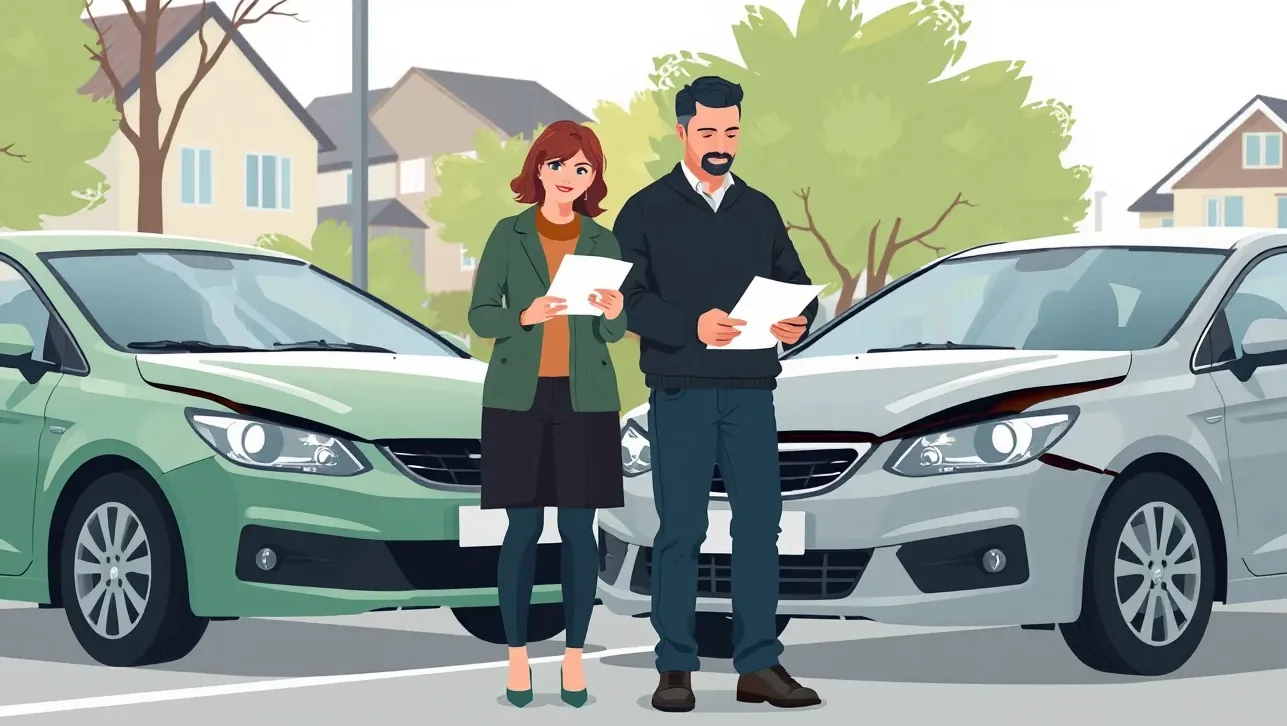Záznam o dopravnej nehode položený na kapote poškodeného automobilu s perom