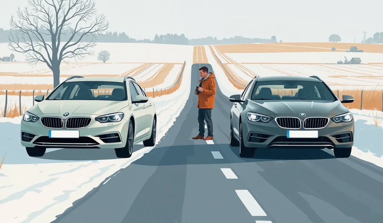 Zasnežené osobné auto po šmyku na krajnici cesty v zimnom počasí