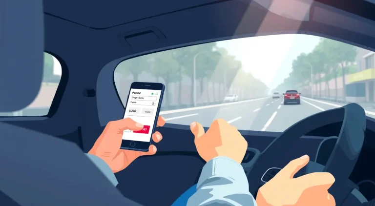 Muž kontroluje údaje o poistení vozidla na obrazovke mobilného telefónu pri poškodenom automobile
